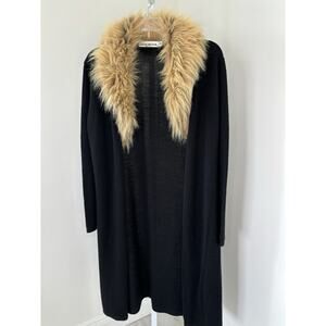 Vintage Cotton Emporium Black Knit Fur Trim Mid Length Cardigan USA Made Small